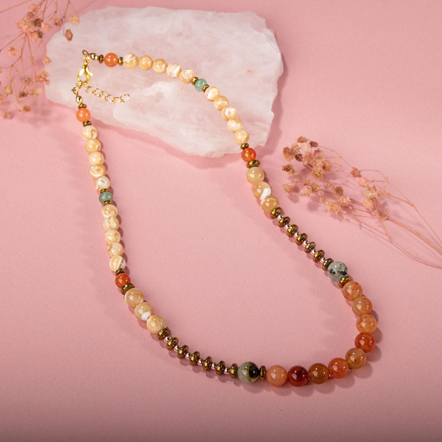 Karnelyan Akik-Turuncu Aventurin-Pehnit-Sedef-Hematit Doğal Taş Kolye