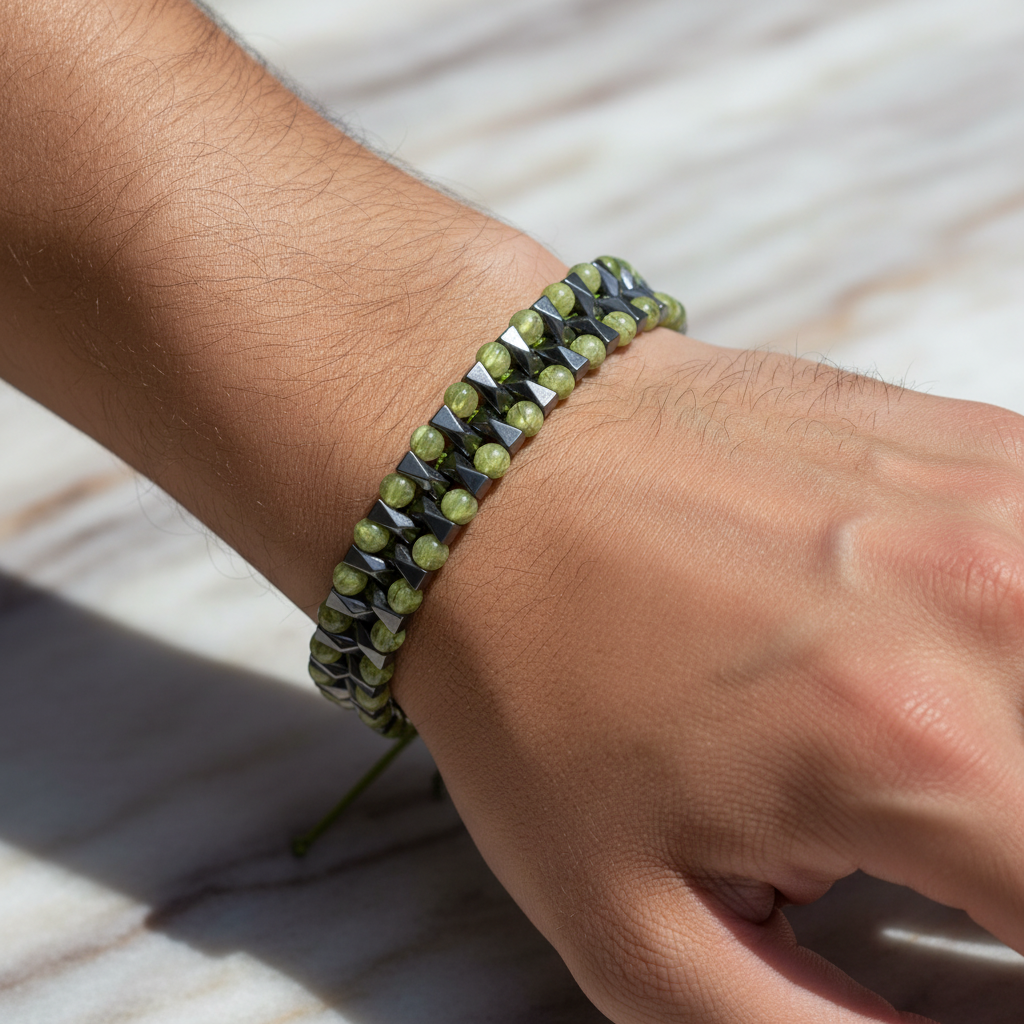 Zebercet & Hematit Doğal Taş Erkek Makrome Bileklik – Özel Tasarım