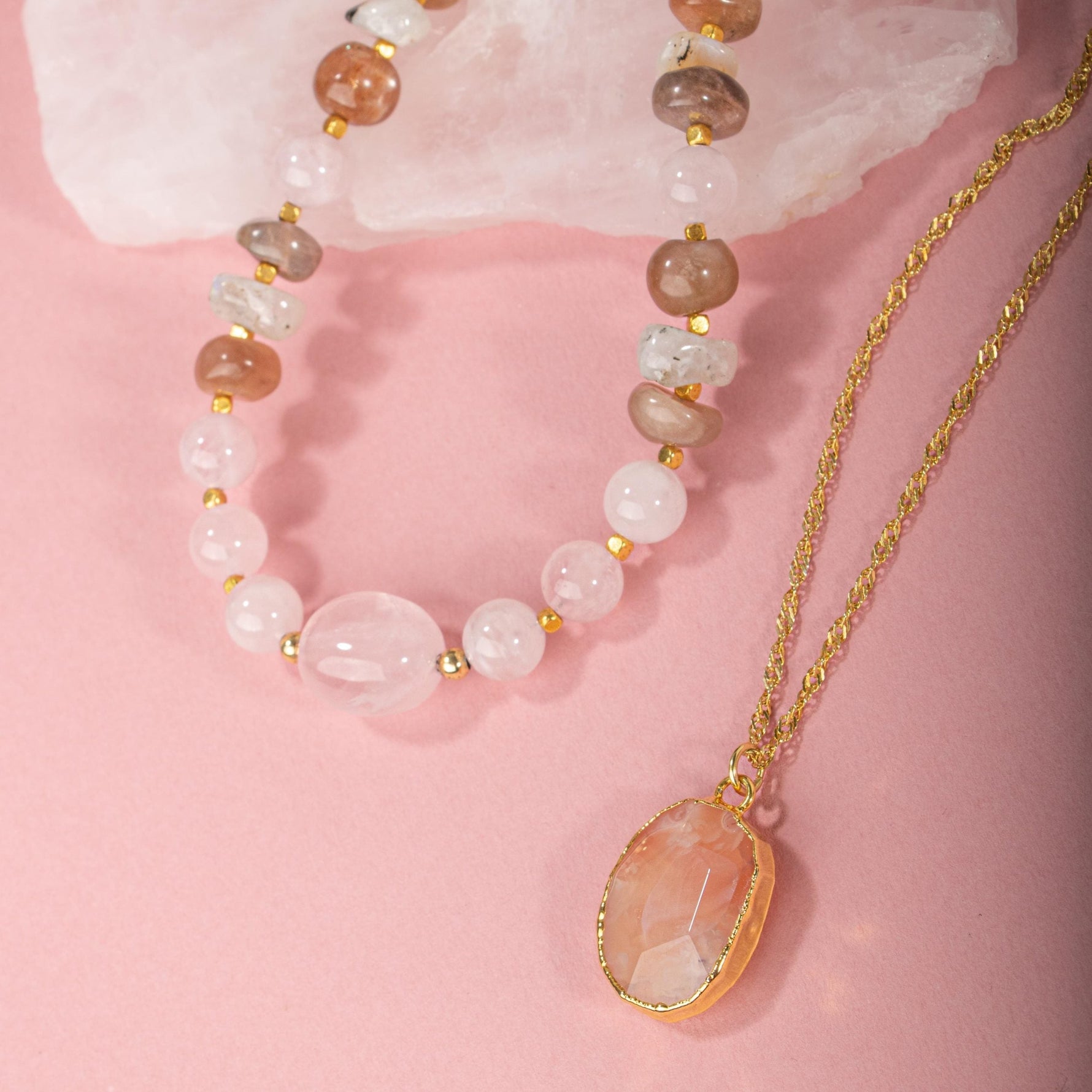 Güneş Taşı-Pembe Kuvars-Ay Taşı Doğal Taş Gümüş Kolye Bileklik Seti- 54cm