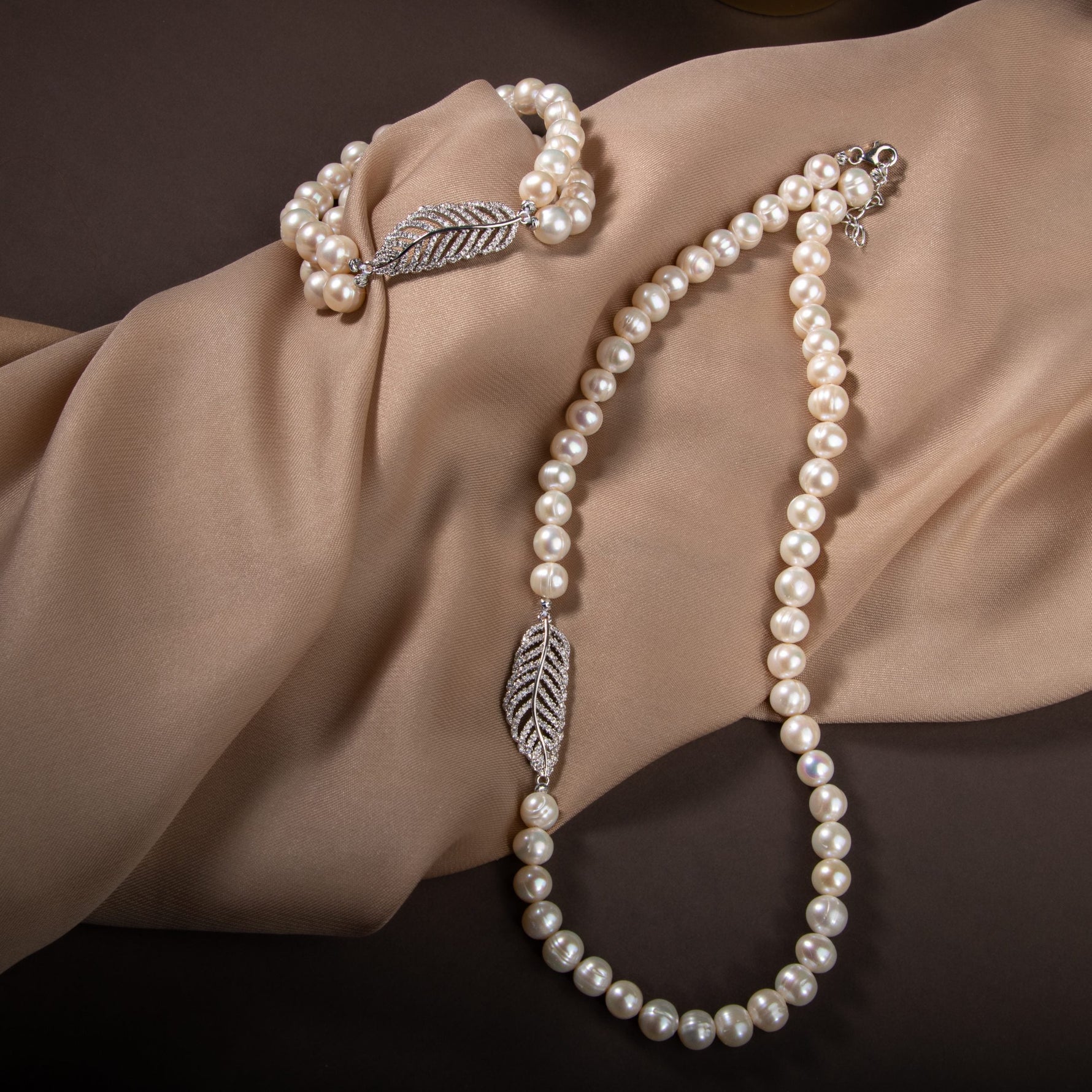 İnci Doğal Taş Gümüş Yaprak Model Takı Seti