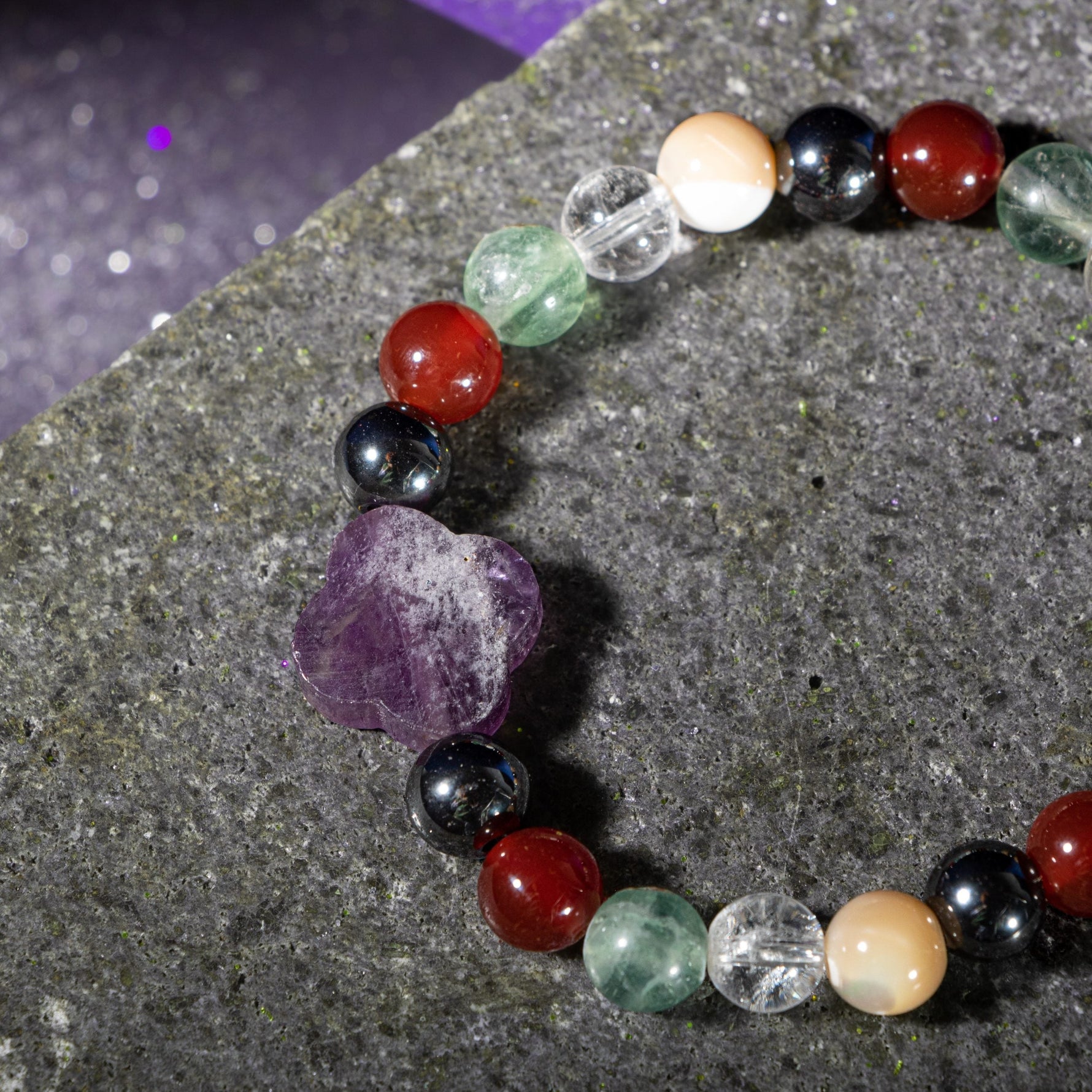 Kova Burcu Bileklik Ametist, Hematit, Kırmızı Akik, Kristal Kuvars, Sedef, Yeşil Florit