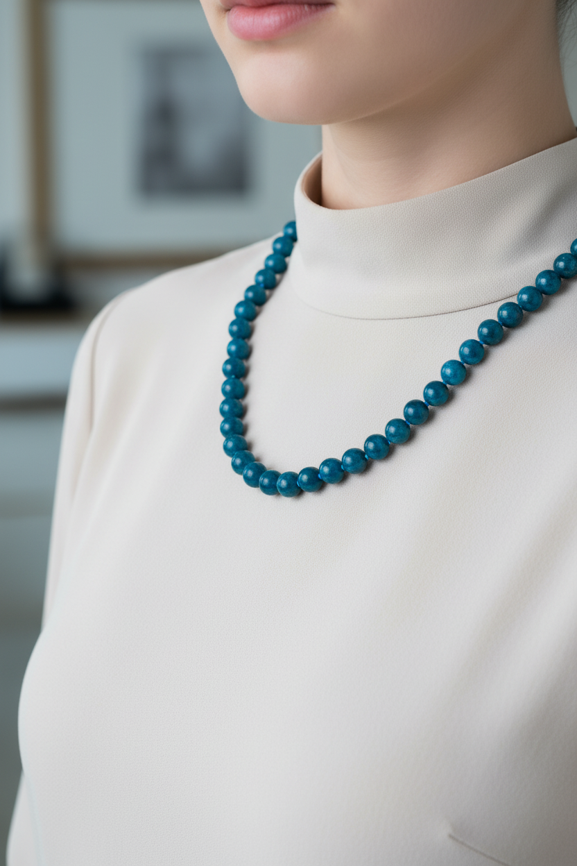 Mavi Apatit Doğal Taş Kolye – 8 mm Düğümlü, Unisex Tasarım