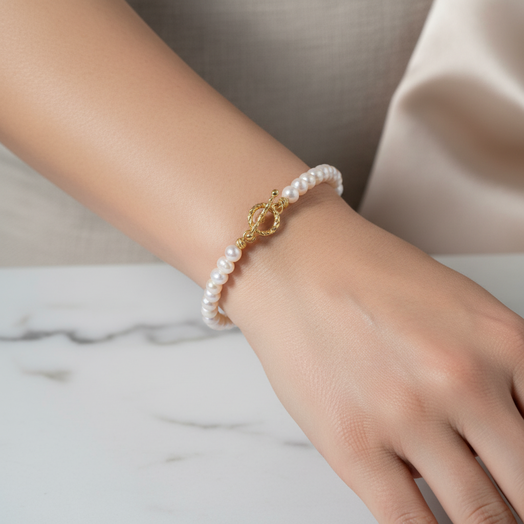 İnci Gümüş Aparat Altın Kaplama Doğal Taş Bileklik