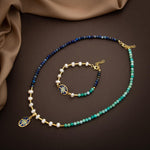 Mozaik Lapis Lazuli Taşlı-Amazonit-İnci Doğal Taş Gümüş Tasarım Kolye Bileklik Seti - 54cm