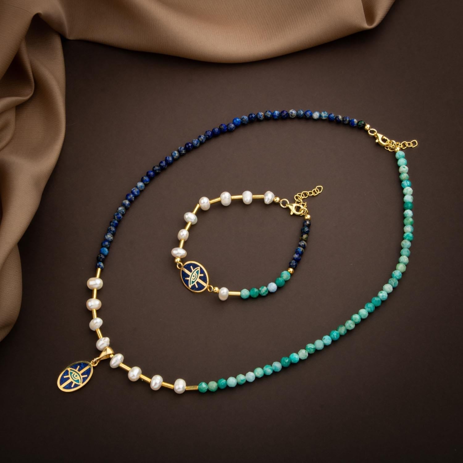 Mozaik Lapis Lazuli Taşlı-Amazonit-İnci Doğal Taş Gümüş Tasarım Kolye Bileklik Seti - 54cm