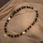 Hindistan Cevizi Kabuğu-Yeşil Aventurin-İnci Doğal Taş Gümüş Tasarım Kolye - 54cm