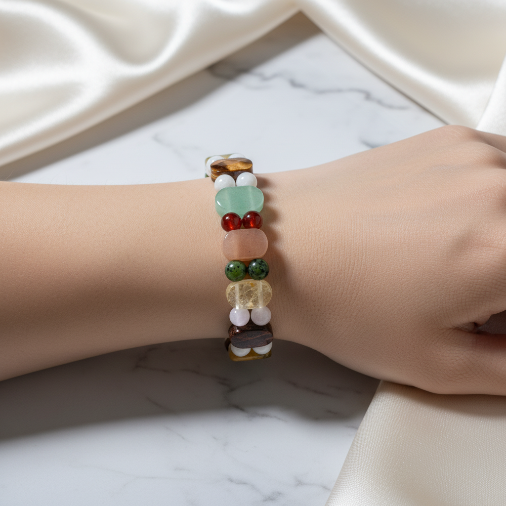 İkizler Burcu Doğal Taş Bileklik – Ay Taşı, Güneş Taşı, Kaplan Gözü, Pembe Kuvars, Sitrin, Aventurin & Yeşim