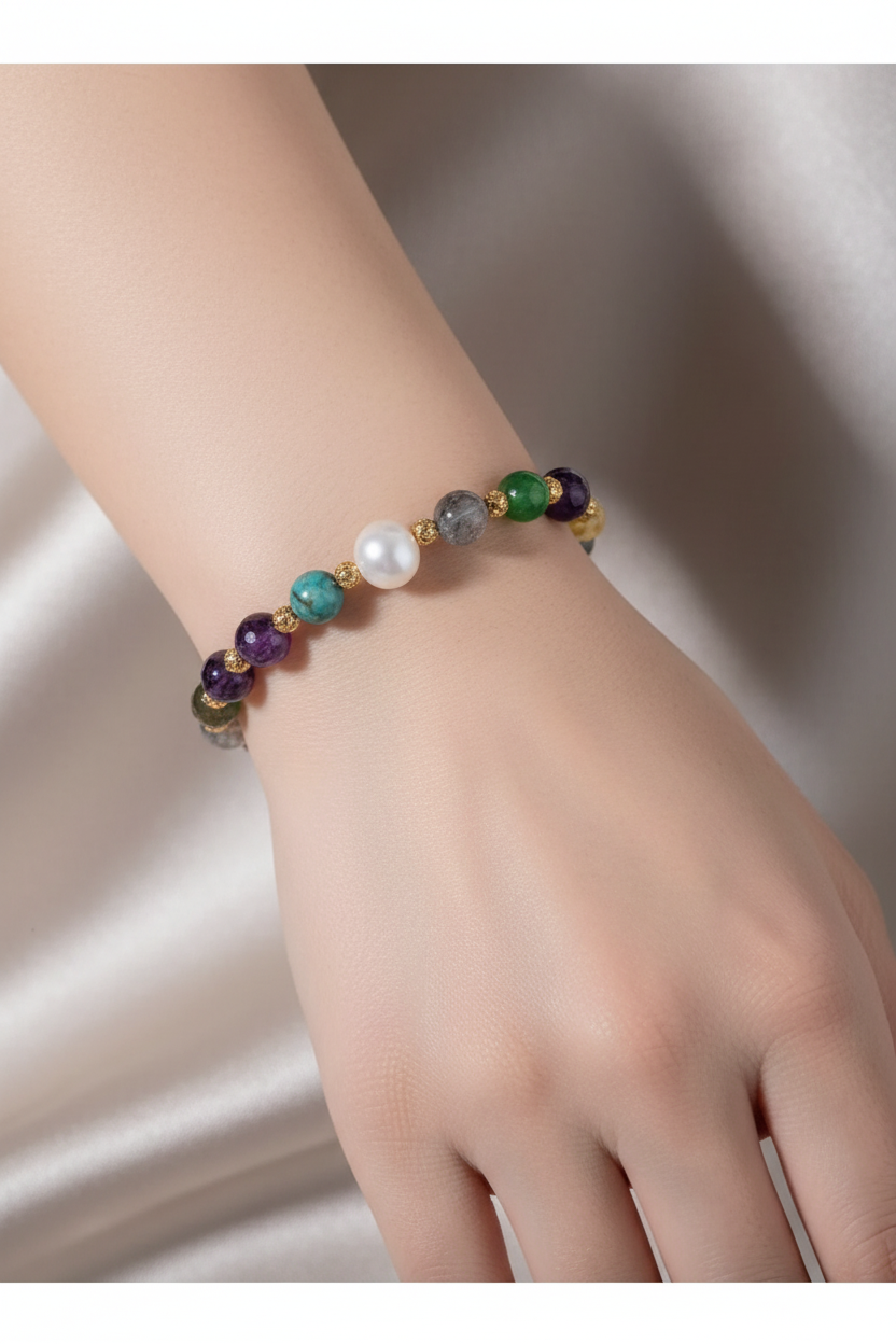 Ametist, Bronzit, İnci, Kehribar, Krizokol, Aventurin ve Labradorit Doğal Taş Bileklik – Unisex Şık Tasarım