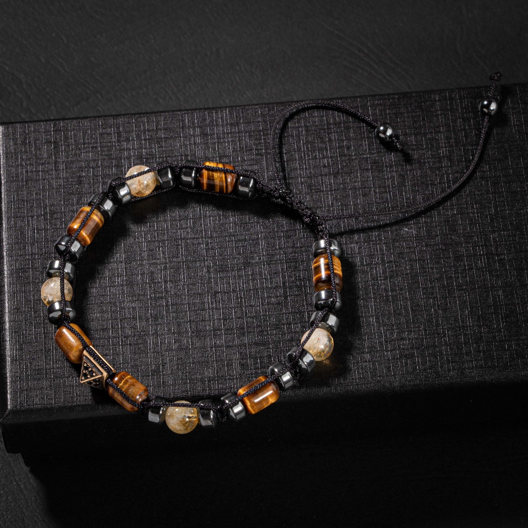 Kaplan Gözü-Sitrin-Hematit Doğal Taş Erkek Zirkon Bileklik