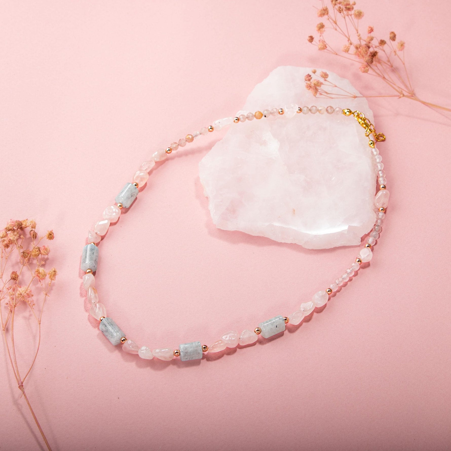 Pembe Kuvars-Akuamarin Doğal Taş Kolye