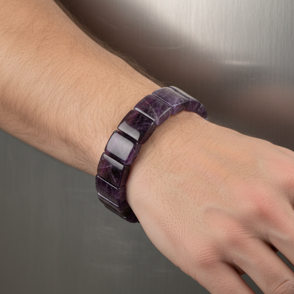 Ametist Doğal Taş Kare Kesim Geniş Kesim Bileklik – El İşçiliği