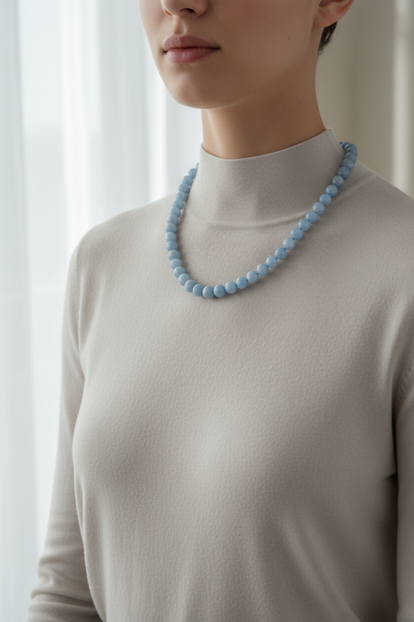 Anjelit Doğal Taş Kolye – 8 mm Düğümlü, Unisex Tasarım