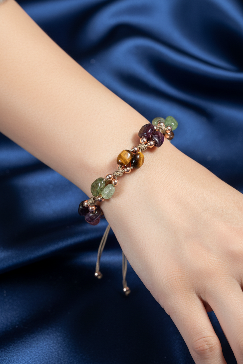 Oğlak Burcu Doğal Taş Makrome Bileklik – Ametist, Granat Lal, Jasper, Kaplan Gözü, Kunzit, Prehnit & Renkli Turmalin