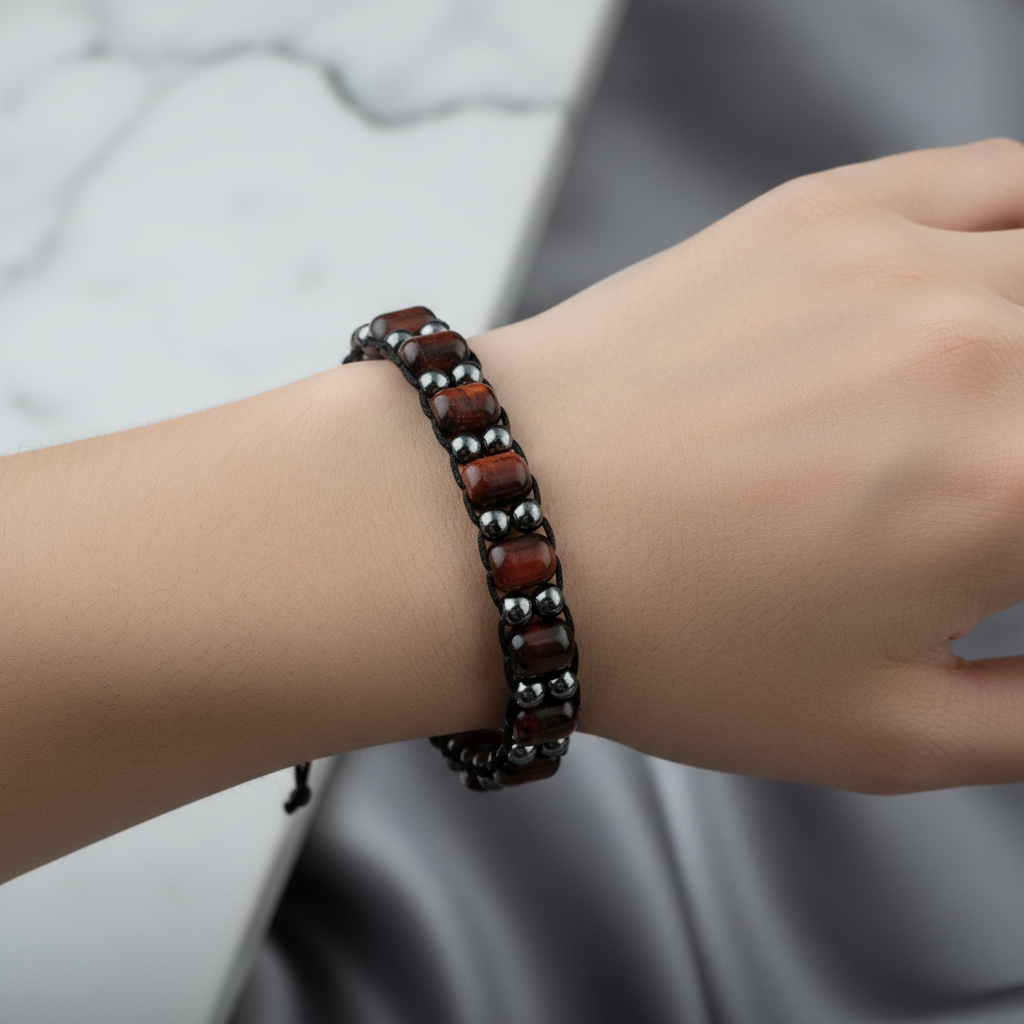 Kaplan Gözü & Hematit Doğal Taş Erkek Makrome Bileklik – El İşçiliği