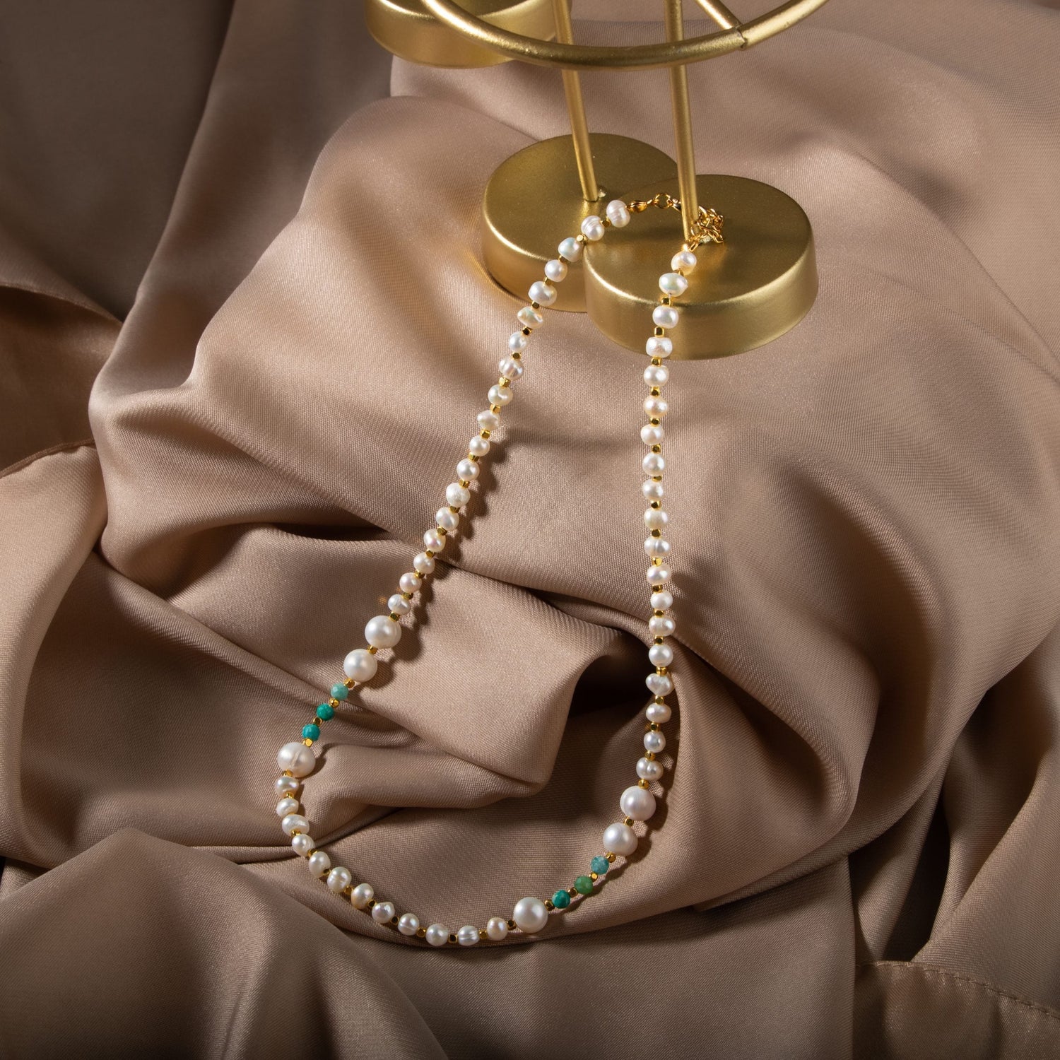 İnci-Amazonit Doğal Taş Altın Kaplama Kapama Kolye