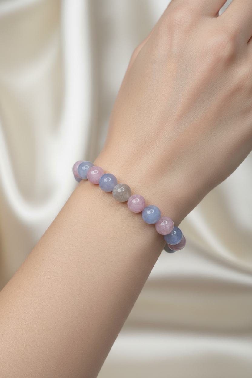 Kunzit ve Mavi Akik Doğal Taş Bileklik – 10 mm Misinalı, Unisex Şık Tasarım