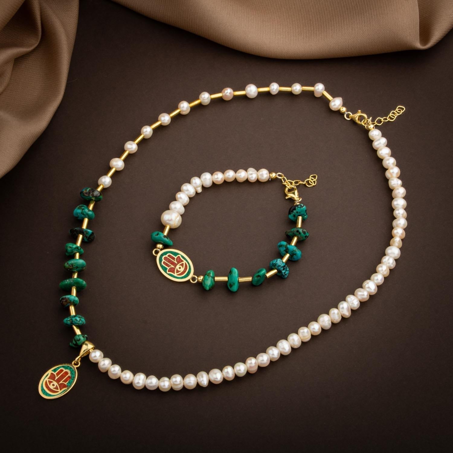 Mozaik Turkuaz Firuza Taşlı-İnci Doğal Taş Gümüş Kolye Bileklik Seti