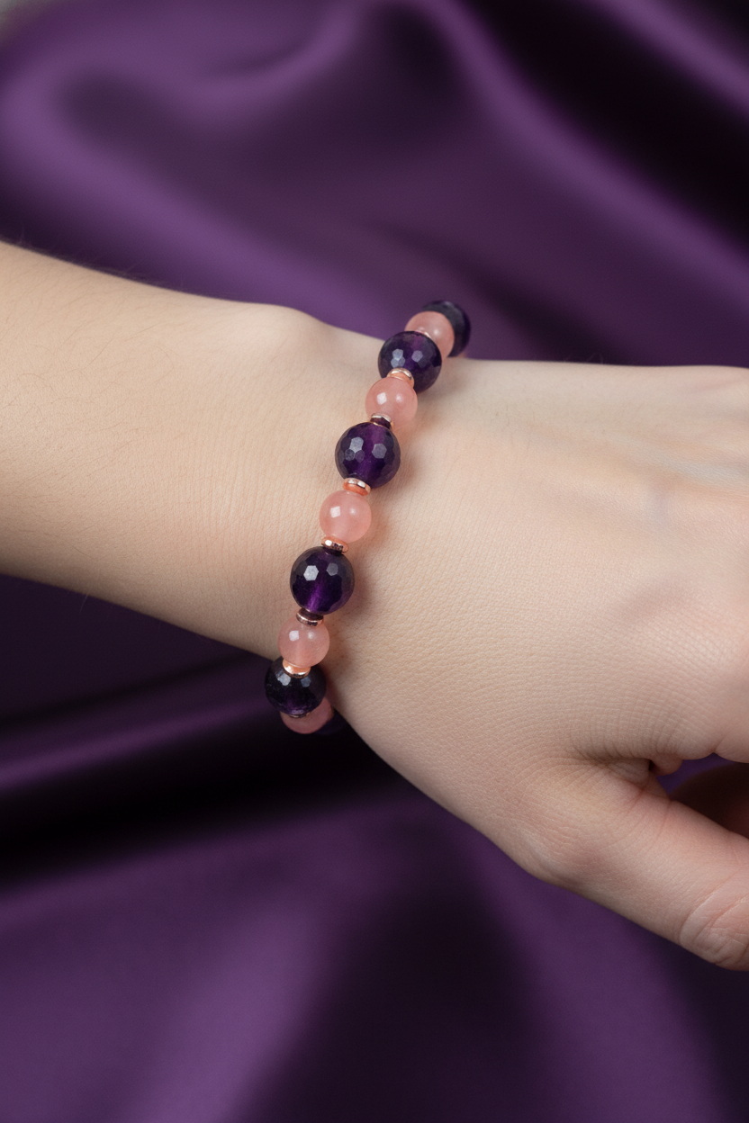 Yemen Akiği, Fasetli Ametist ve Hematit Doğal Taş Bileklik – Misinalı, Unisex Tasarım