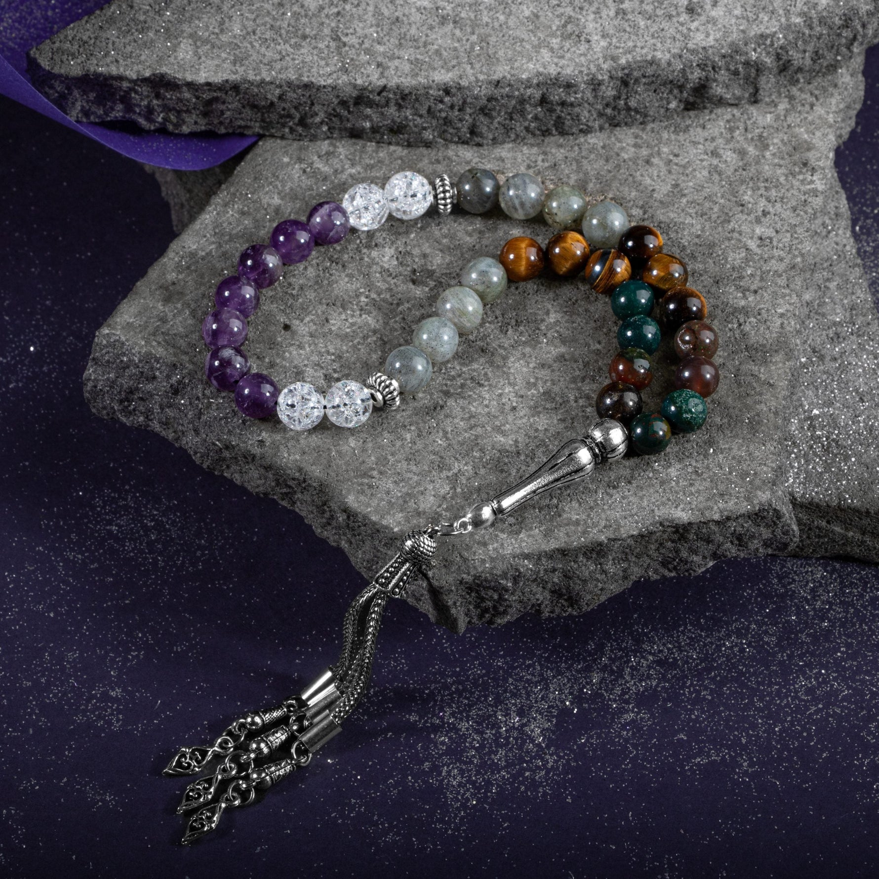 Balık Burcu Tesbih Ametist, Kan Taşı, Kaplan Gözü, Labradorit, Necef