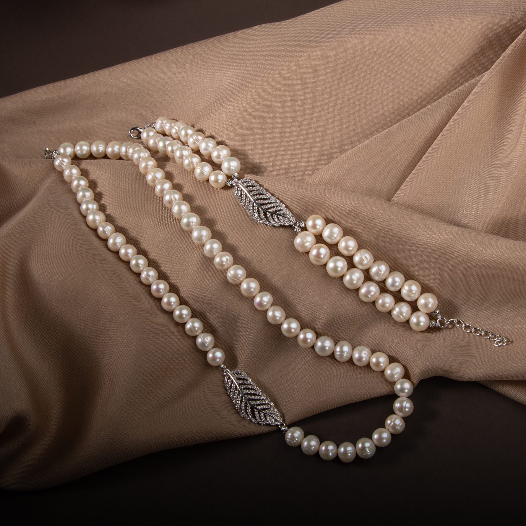 İnci Doğal Taş Gümüş Yaprak Model Takı Seti