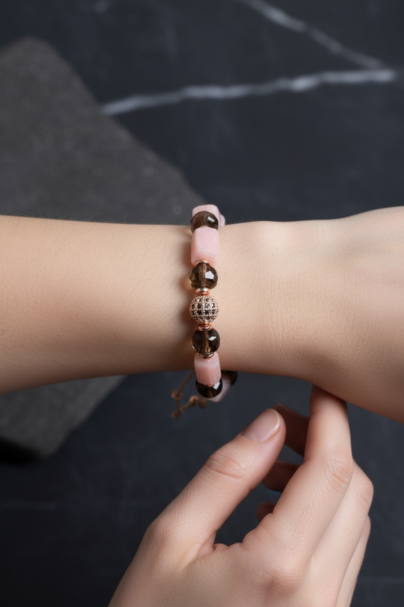 Dumanlı Kuvars ve Opal Doğal Taş Bileklik – Unisex Şık Tasarım