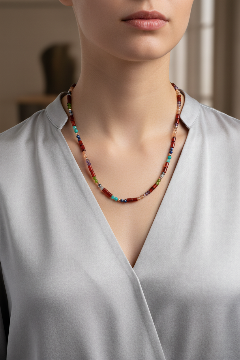 Kırmızı Akik, Ay Taşı, Ametist, Güneş Taşı, Yeşim & Amazonit Doğal Taş Kolye – Özel Tasarım