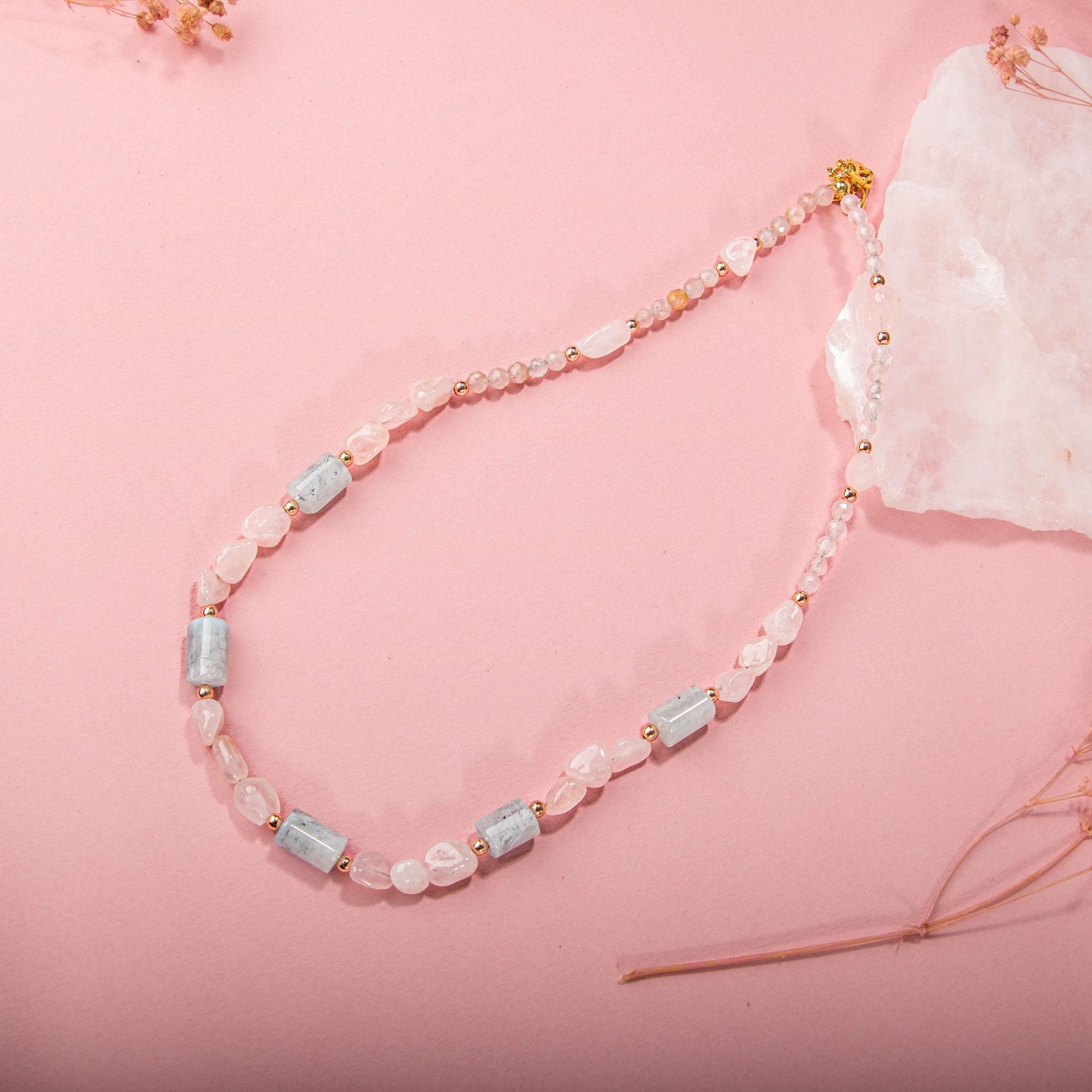 Pembe Kuvars-Akuamarin Doğal Taş Kolye