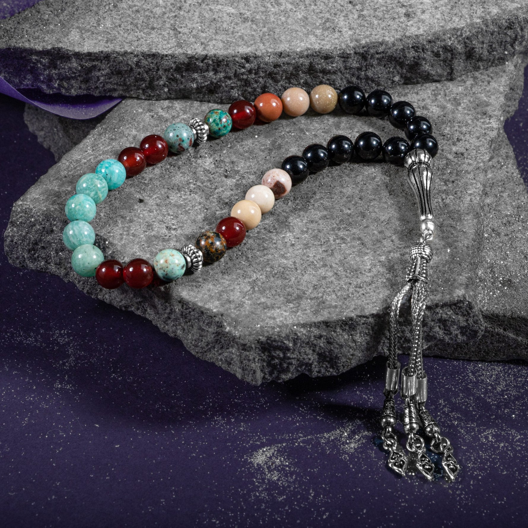 Başak Burcu Tesbih Amazonit, Jasper, Kırmızı Akik, Krizokol, Siyah Turmalin