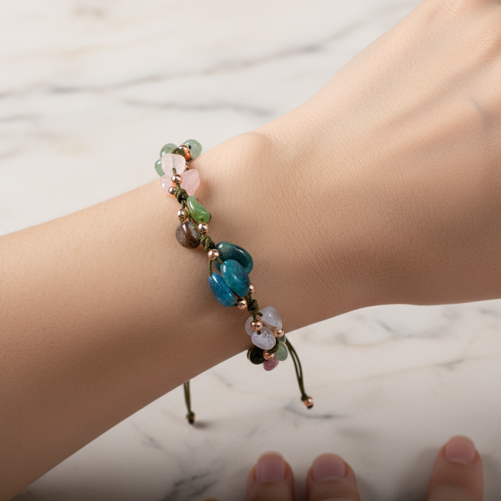 Boğa Burcu Doğal Taş Makrome Bileklik – Kalsedon, Kiyanit, Krizopras, Mavi Apatit, Pembe Kuvars, Renkli Turmalin, Yeşil Aventurin – Özel Tasarım