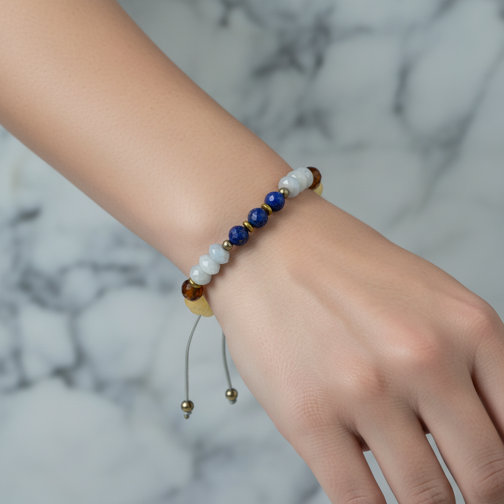 Kalsit, Bordo Granat Lal, Lapis Lazuli & Akuamarin Doğal Taş Bileklik – Özel Tasarım