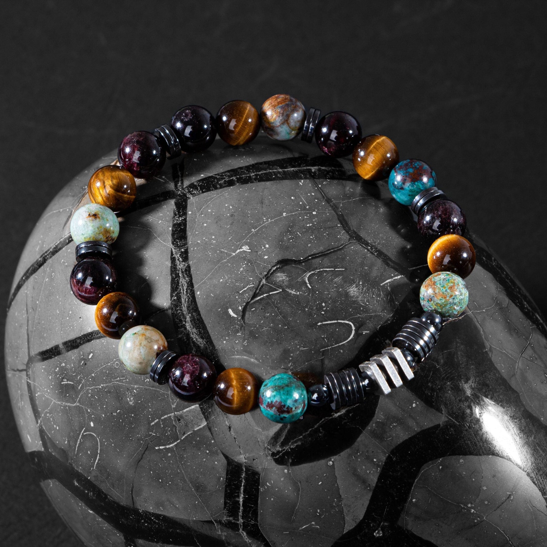 Kaplan Gözü-Bordo Granat Lal-Krizokol Doğal Taş Erkek Bileklik