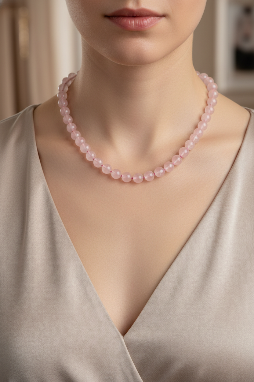 Pembe Kuvars (Gül Kuvars) Doğal Taş Kolye – 8 mm Düğümlü, Unisex Tasarım