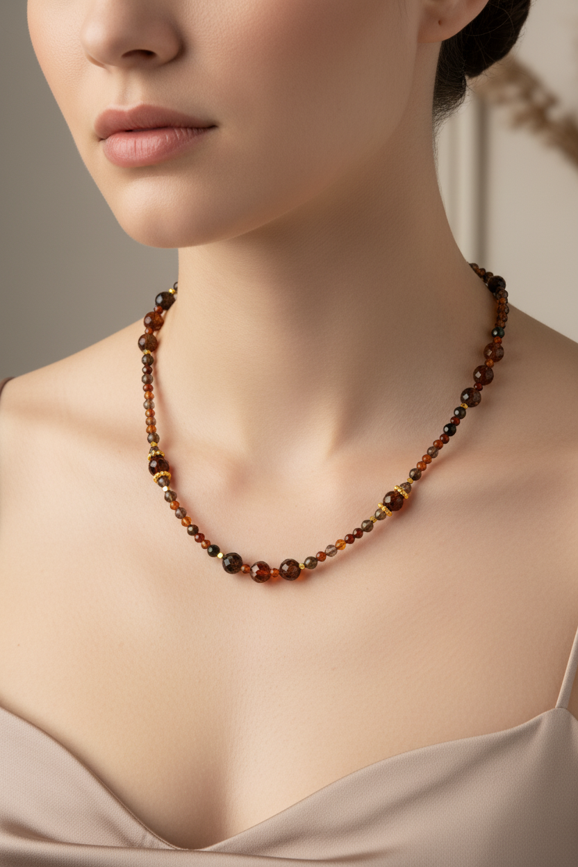 Hessonit Lal, Dumanlı Kuvars & Obsidyen Doğal Taş Kolye – Özel Tasarım