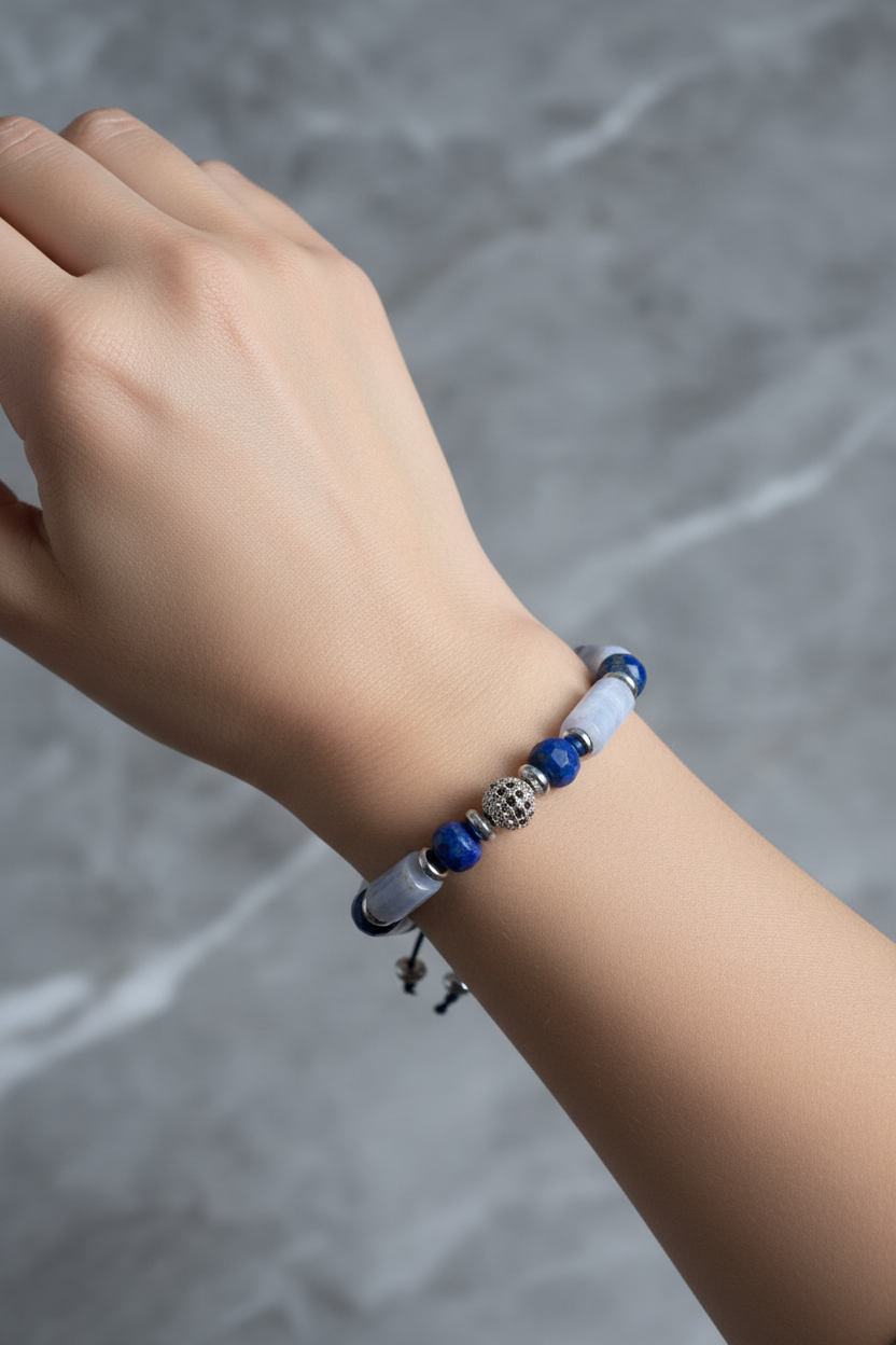 Kalsedon ve Lapis Lazuli Doğal Taş Bileklik – Unisex Şık Tasarım