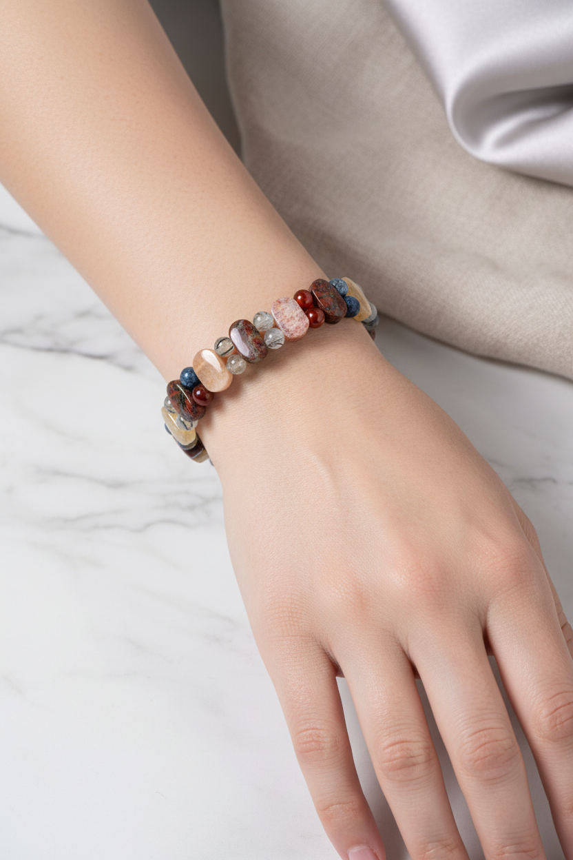 Aslan Burcu Doğal Taş Bileklik – Bronzit, Dumortierit, Güneş Taşı, Jasper, Akik, Labradorit, Rutilli Kuvars & Sitrin