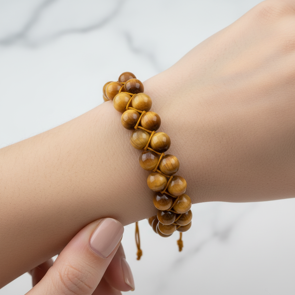 Sarı Kaplan Gözü 8mm Çift Sıra Makrome Doğal Taş Bileklik