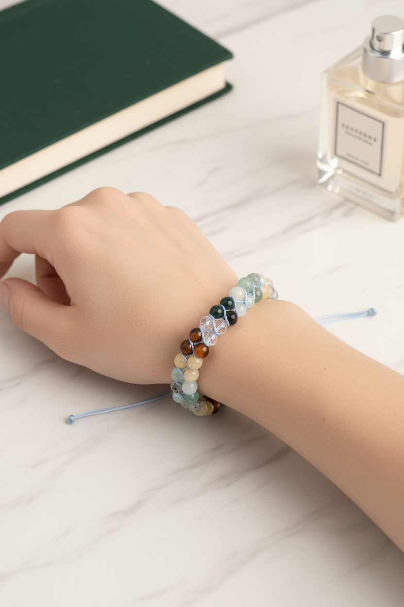 Sertifikalı Balık Burcu Doğal Taş Çift Sıra Makrome Bileklik – 6 mm | Pirtash | Özel Üretim