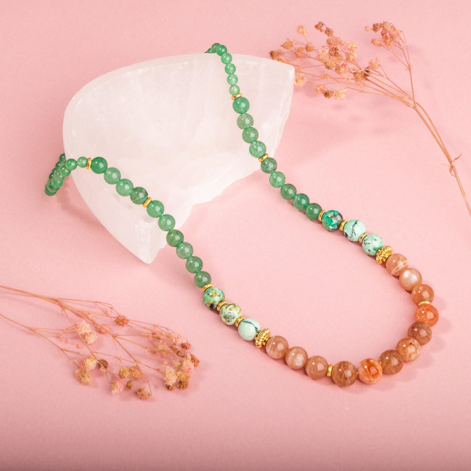 İspanyol Varisit-Güneş Taşı-Yeşil Aventurin Doğal Taş Altın Kaplama Kolye