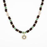 Hindistan Cevizi Kabuğu-Yeşil Aventurin-İnci Doğal Taş Gümüş Tasarım Kolye - 54cm