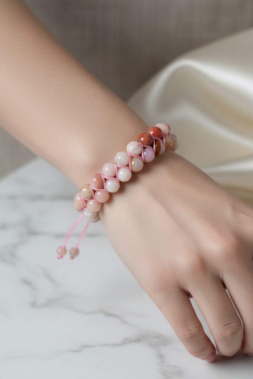 Opal Pembe 8mm Çift Sıra Makrome Doğal Taş Bileklik