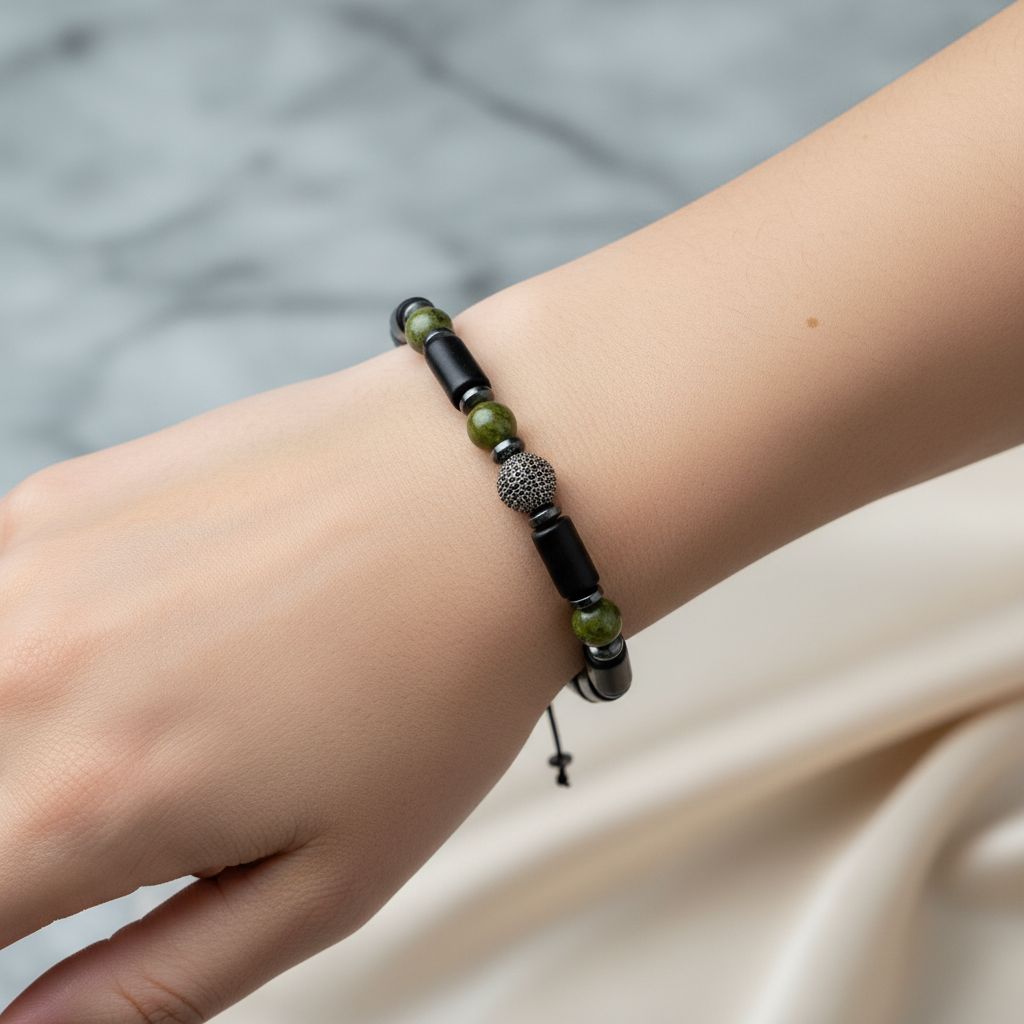 Zebercet, Şungit, Hematit Gümüş Aparat Doğal Taş Bileklik