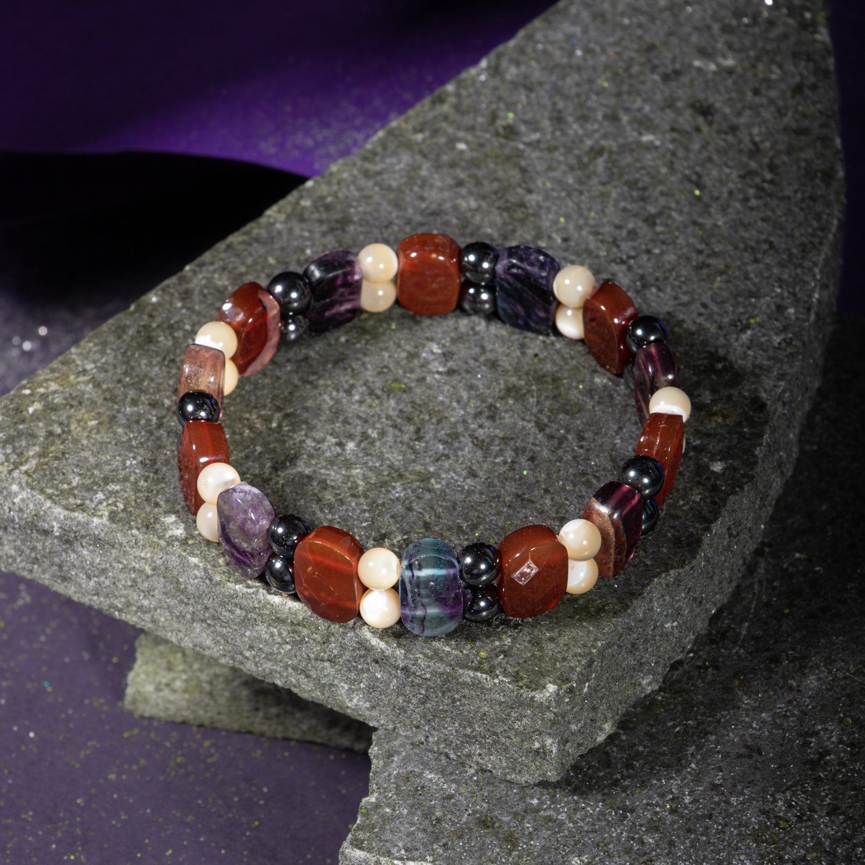 Kova Burcu Bileklik Hematit, Kırmızı Akik, Sedef, Mor Florit
