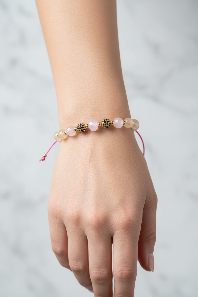 Sitrin ve Pembe Kuvars Doğal Taş Bileklik – Zirkon Aparatlı, Unisex Şık Tasarım