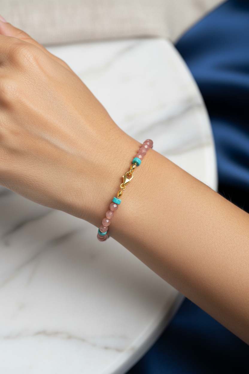 Rodokrozit, Turkuaz Gümüş Kapama Doğal Taş Bileklik