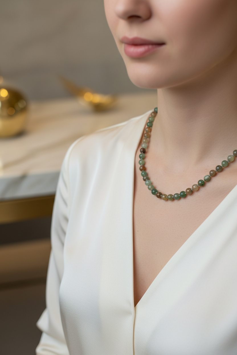 Hint Akiği 6 mm Düğümlü Doğal Taş Kolye – Unisex El İşçiliği