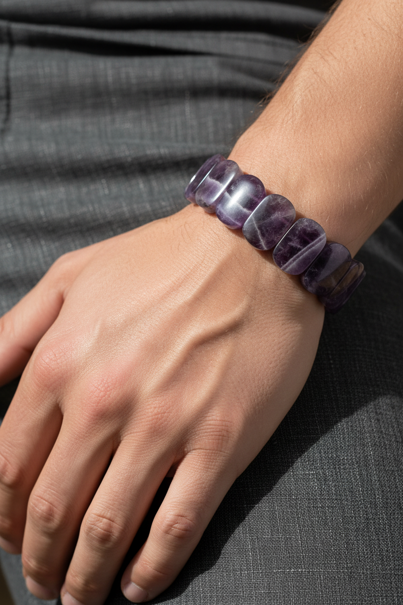 Ametist Geniş Kesim Doğal Taş Bileklik – Unisex Şık Tasarım (9 x 14 mm Özel Kesim)