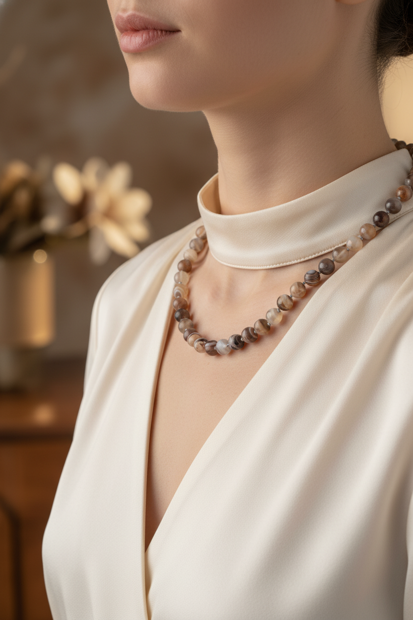 Botswana Akiği 8 mm Düğümlü Doğal Taş Kolye – Unisex El İşçiliği