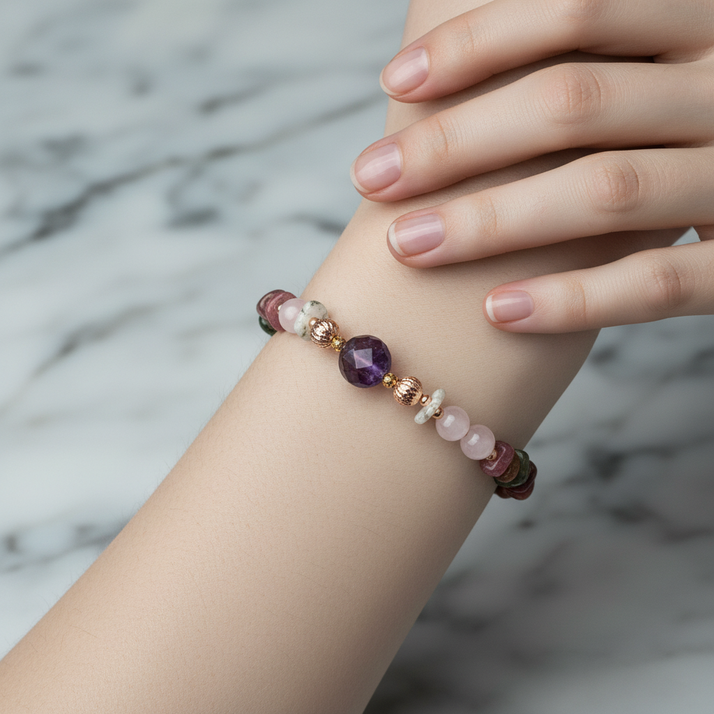 Ametist, Ay Taşı, Pembe Kuvars & Renkli Turmalin Doğal Taş Bileklik – Özel Tasarım