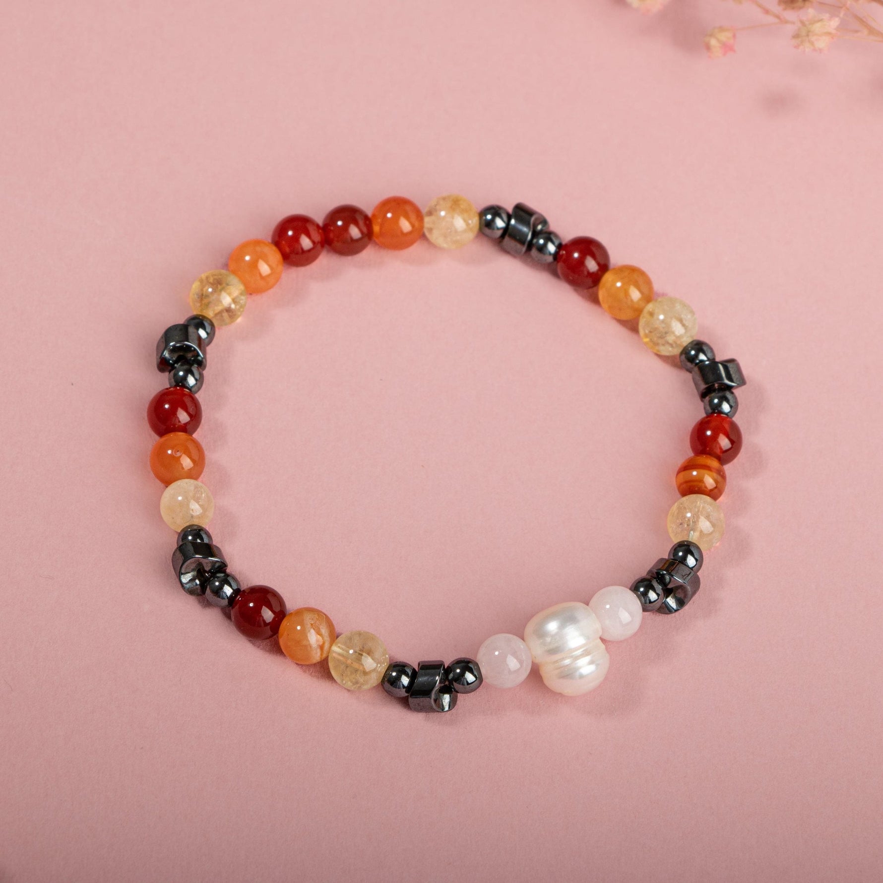 Hematit-Pembe Kuvars-İnci-Sitrin-Karnelyan Akik-Kırmızı Akik Doğal Taş Bileklik