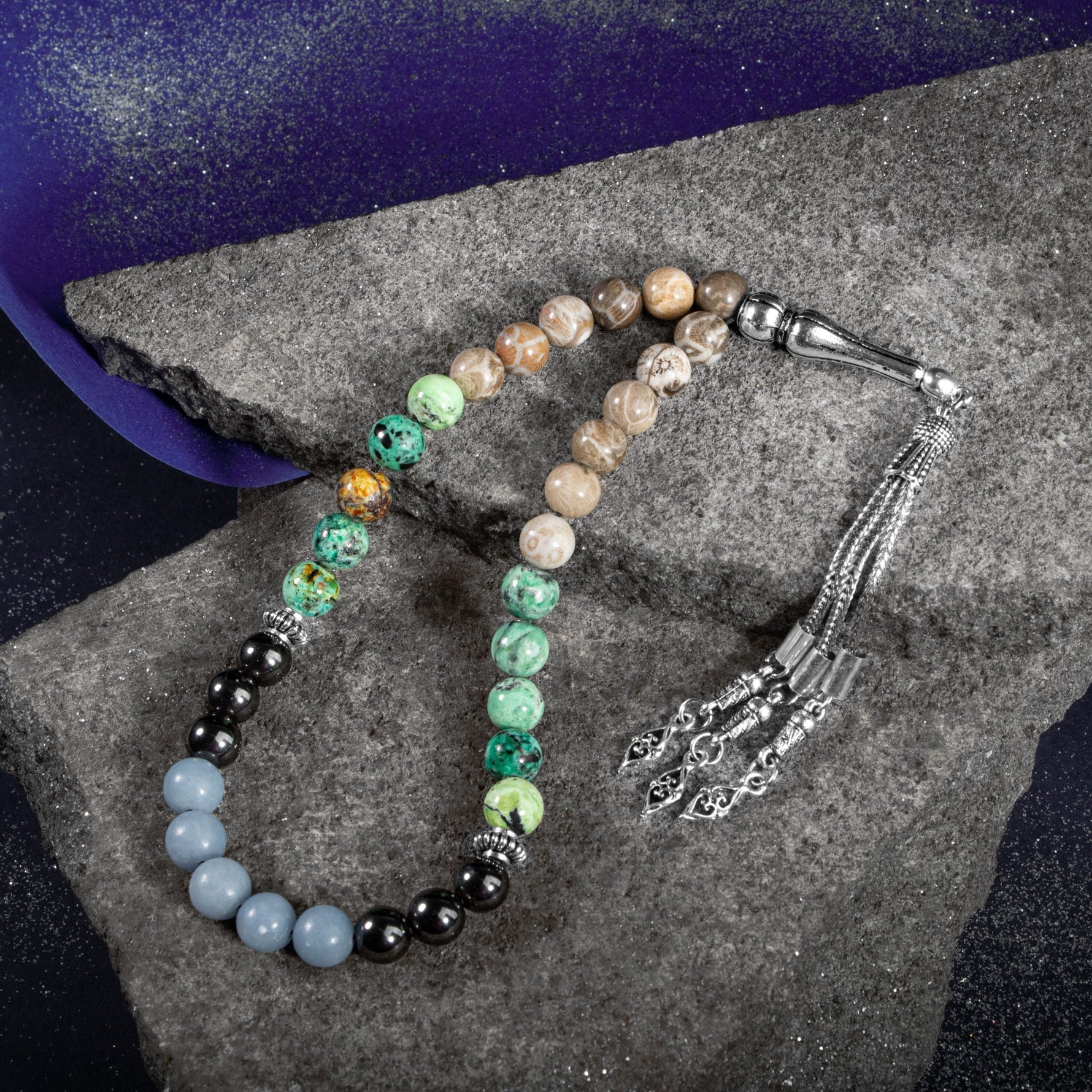 Kova Burcu Tesbih Anjelit, Fosil Mercan, Hematit, Krizokol